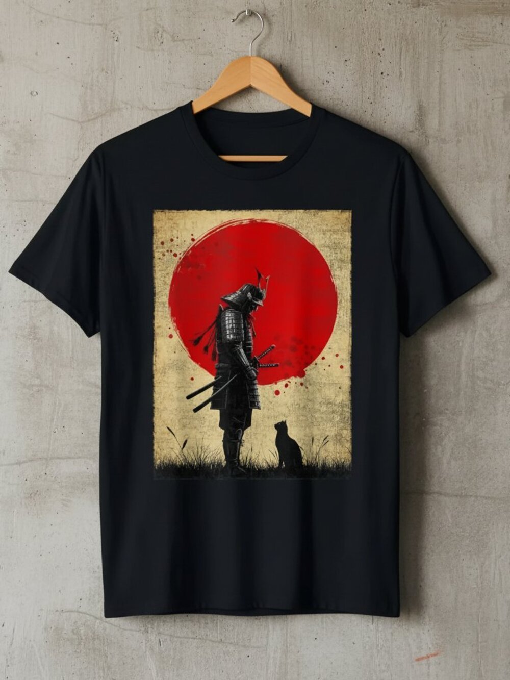 Samurai Warrior & Cat Graphic Tee – Japanese Red Sun Vintage Style T-Shirt